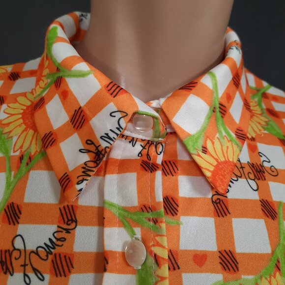 Vintage 90s Sunflower Print Button Up Blouse Orange White Check S short sleeve - Picture 2 of 9